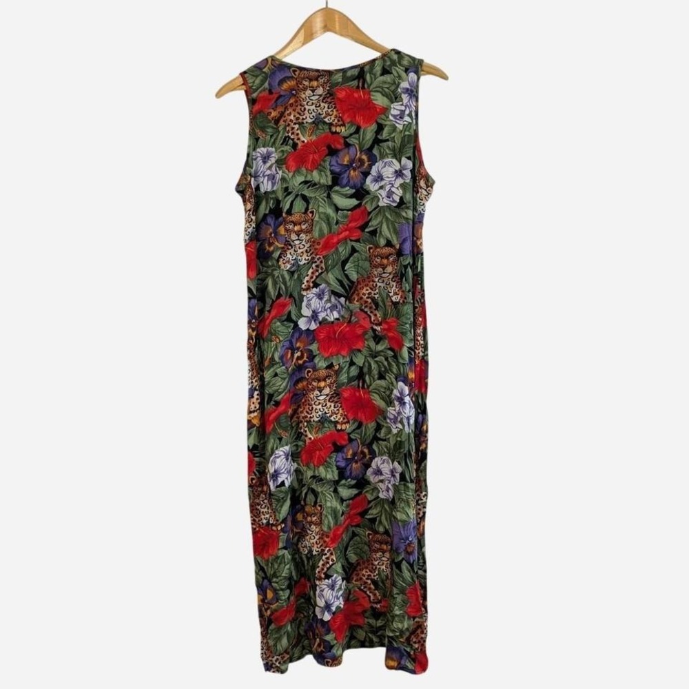 Vintage 90s Caribou New York Leopard Jungle Novelty Print Maxi Dress Large - Picture 2 of 7